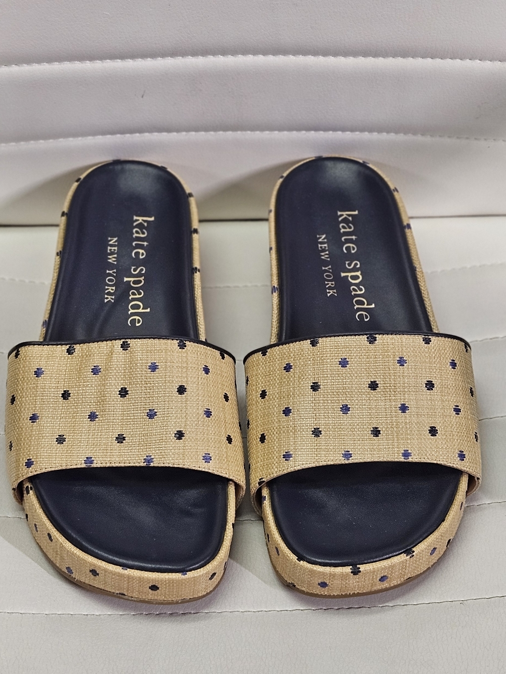 Kate Spade Raffia Navy & Beige Polka Dot Slide Sandals Sz 9.5